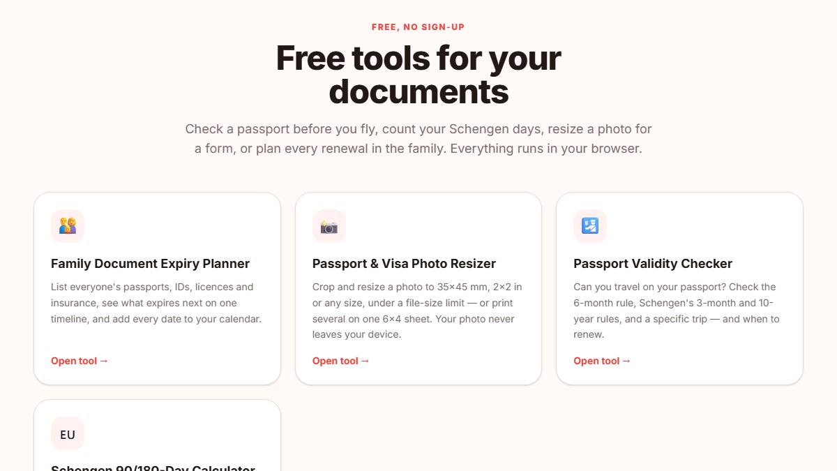 Remindon's free tools page, showing the family document planner, photo resizer and passport validity checker
